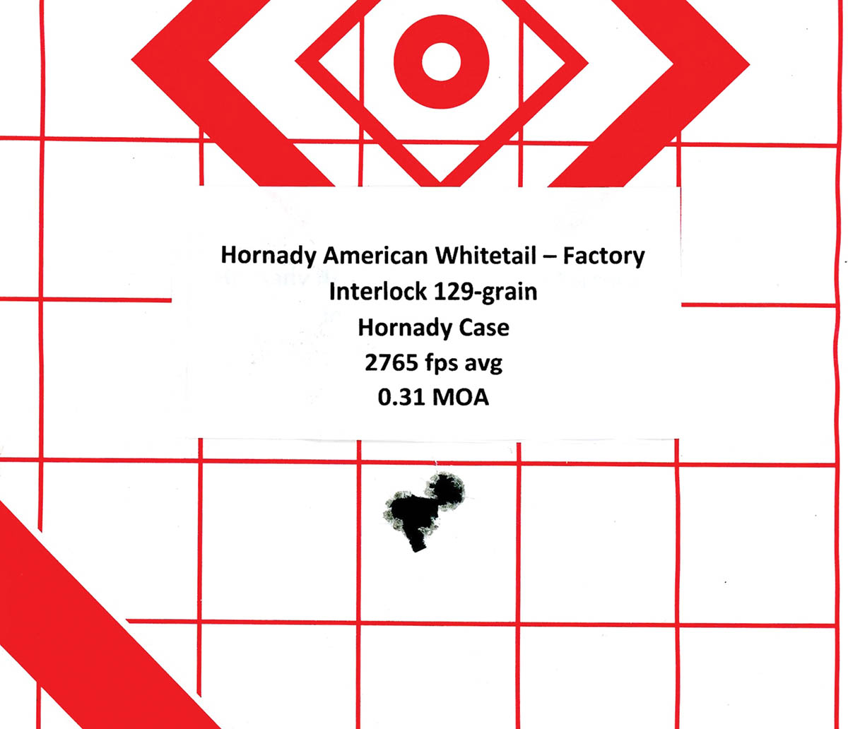 The Long Ranger is capable of extreme accuracy, as shown by this three-shot group using inexpensive Hornady Whitetail Hunter ammunition.
